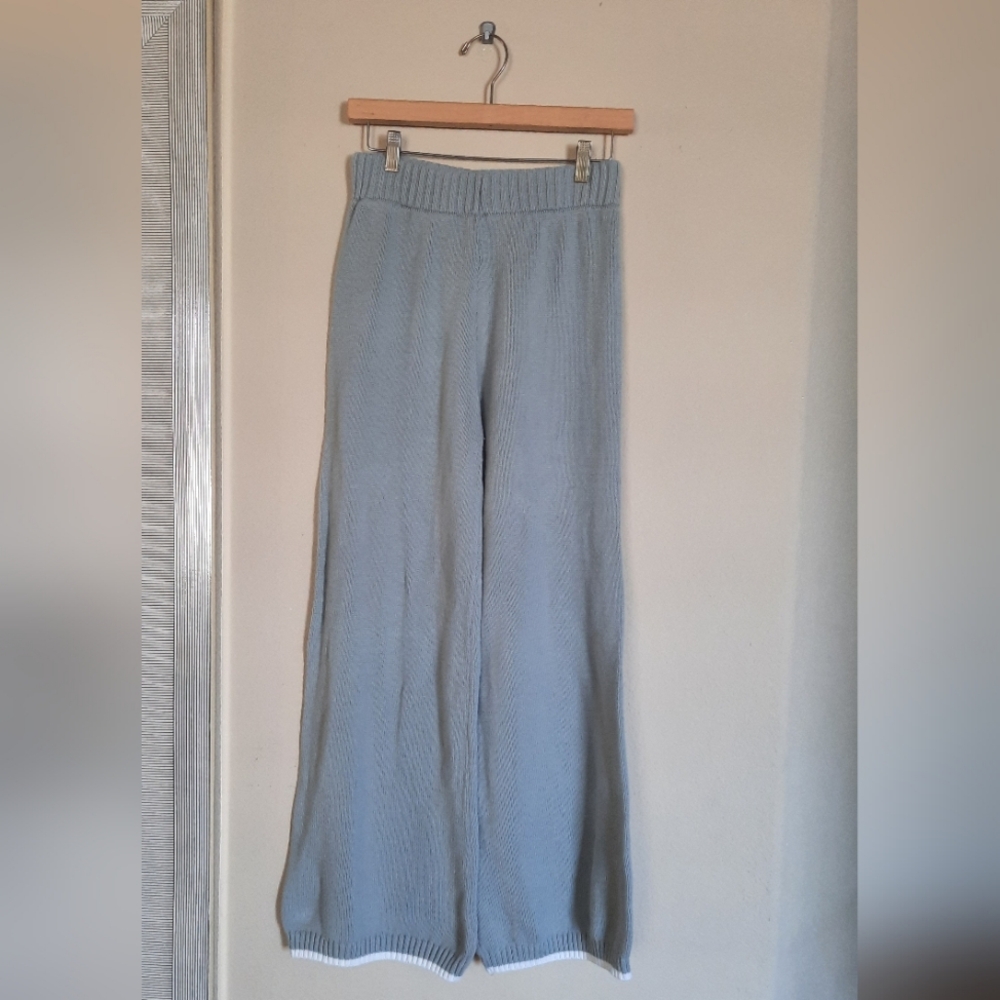 Cozy Sincerely Jules Sage Green Blue Knit Wide-Leg Pants Cotton Chic Casual